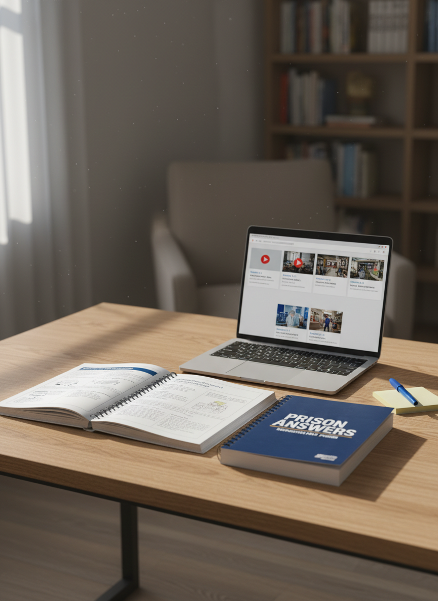 A neatly organized study desk in a quiet home environment, featuring an open bilingual English-Spanish workbook about prison rights, alongside a closed spiral-bound “Prison Answers” guide with a clean navy and white cover. A laptop displays a simple interface with video module thumbnails labeled in both languages. The desk surface is a light oak wood, with a single blue gel pen and a small stack of sticky notes. Soft morning daylight filters through an unseen window, casting gentle shadows and a calm glow. Photographic realism, shot at eye level with a slight angle, using shallow depth of field so the books and laptop are in sharp focus while the background fades into a soft blur, creating a professional, reassuring, and studious atmosphere.