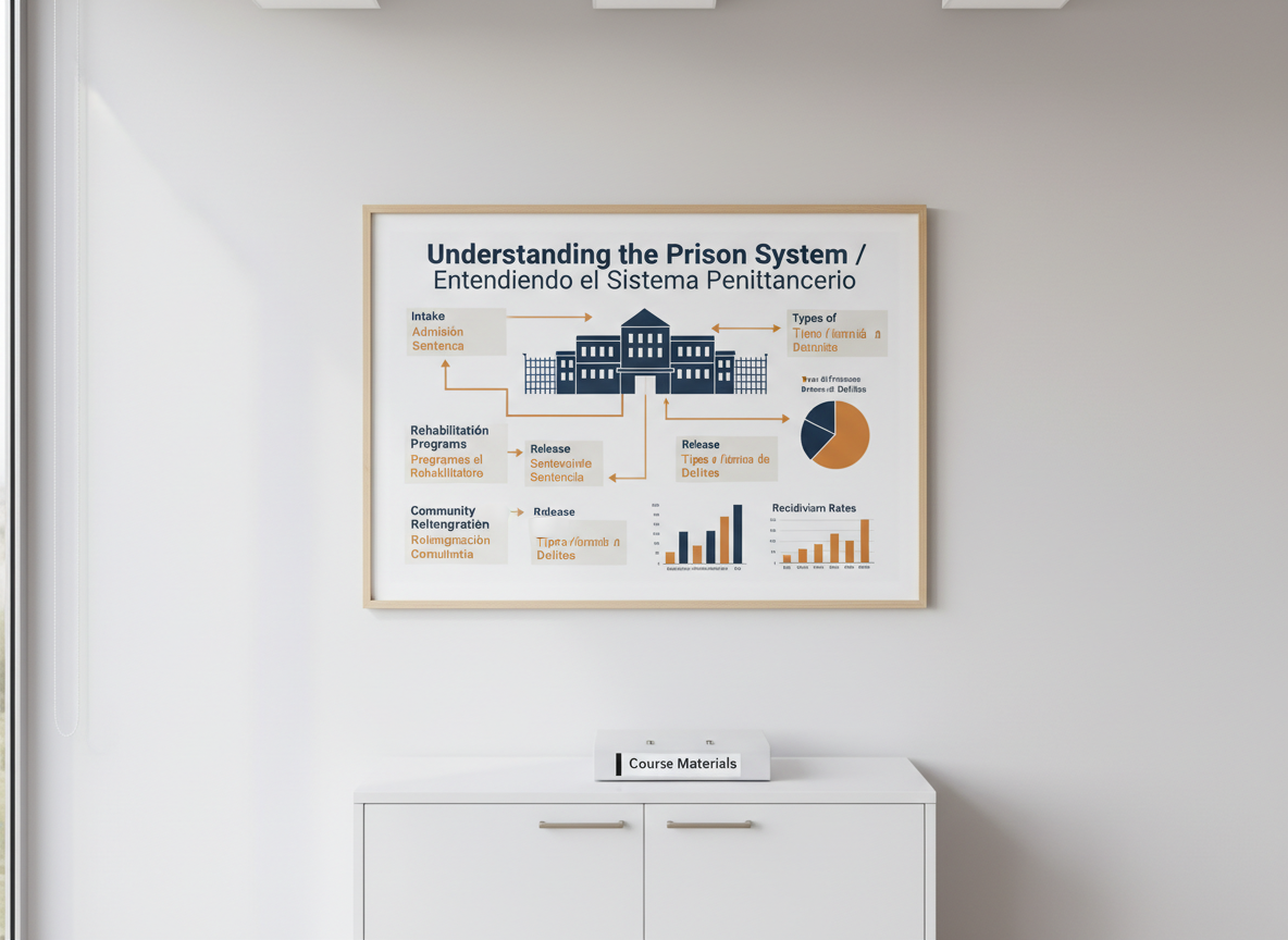 A clean, minimalist wall in a neutral-toned office space featuring a large framed infographic poster titled “Understanding the Prison System / Entendiendo el Sistema Penitenciario.” The poster shows simplified architectural outlines of a prison, arrows indicating processes, and clear bilingual text blocks in an organized layout with navy, charcoal, and warm accent colors. Below the poster sits a simple white cabinet with a single closed binder labeled “Course Materials.” Soft overhead lighting and indirect daylight give the scene an even, professional illumination with minimal shadows. Photographic realism, straight-on composition with the frame centered, and sharp focus throughout. The atmosphere feels educational, transparent, and non-intimidating, suggesting complex information made clear and approachable for families and incarcerated learners.