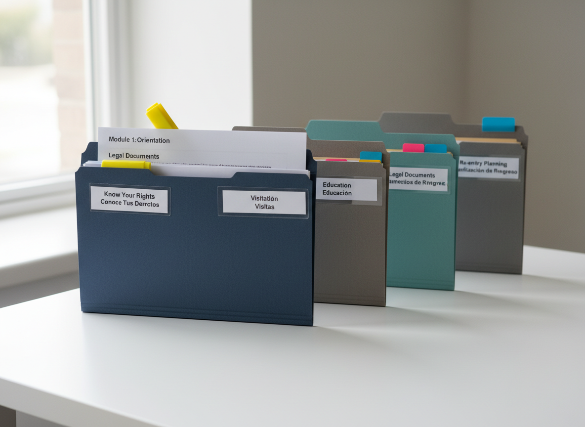 A close-up of a tidy folder system on a smooth white desk, each folder labeled with clear bilingual tags such as “Know Your Rights / Conoce Tus Derechos,” “Visitation / Visitas,” and “Education / Educación.” The folders are in muted tones of navy, gray, and soft teal, slightly fanned out to reveal their titles. A highlighter, adhesive tabs, and a neatly printed “Module 1: Orientation” summary sheet peek from one folder. Gentle overcast window light from the left creates even illumination with very soft shadows, enhancing legibility. Photographic realism, shot from a slightly elevated angle with moderate depth of field so all labels are readable. The mood is organized, empowering, and trustworthy, reflecting a structured approach to understanding the prison system.