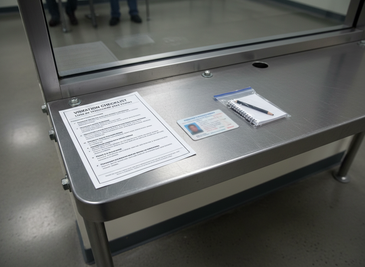 A secure, institutional-style metal desk bolted to a polished concrete floor in a visitation area, with a clear partition window in the background out of focus. On the desk, a bilingual “Visitation Checklist / Lista de Verificación para Visitas” brochure is laid flat, accompanied by a laminated ID card and a small, clear plastic bag containing approved items like a notepad and dull pencil. Cool, diffused fluorescent lighting from above casts soft, even illumination with faint reflections on the metal surface. Photographic realism, shot at eye level with the checklist in sharp focus and the visitation window softly blurred behind. The mood is serious yet reassuring, conveying preparedness, structure, and practical guidance for navigating prison visits.