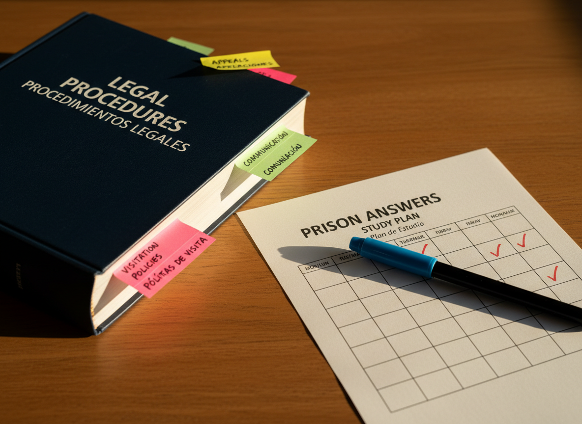 An open hardcover reference book on legal procedures resting on a warm wood table, with several color-coded sticky notes marking chapters like “Appeals,” “Communication,” and “Visitation Policies,” all written in both English and Spanish. Next to the book lies a neatly designed “Prison Answers Study Plan” worksheet with calendar-style boxes and checkmarks. A translucent blue highlighter and a simple black ballpoint pen are placed diagonally across the page. Late afternoon sunlight enters from the right, producing soft golden highlights on the paper and subtle, elongated shadows. Photographic realism, captured from a three-quarter overhead angle with shallow depth of field to emphasize the text and annotations. The mood is hopeful, methodical, and empowering, evoking careful preparation and steady learning about navigating the prison system.
