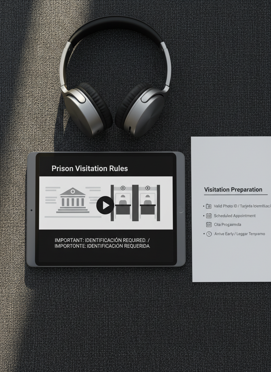 A modern, minimalistic tablet lying on a dark charcoal fabric surface, its screen displaying a paused educational video about prison visitation rules with clear bilingual English-Spanish captions. Beside the tablet rests a structured checklist printout labeled “Visitation Preparation” with organized bullet points and small icons of an ID card, calendar, and clock. A pair of noise-cancelling headphones with matte silver and black details encircles the top of the tablet. Soft, diffused afternoon light from the side creates subtle highlights along the tablet edges and gentle shadows in the fabric texture. Photographic realism with a centered, top-down composition, sharp focus throughout, and a calm, focused mood that emphasizes clarity, accessibility, and professionalism.